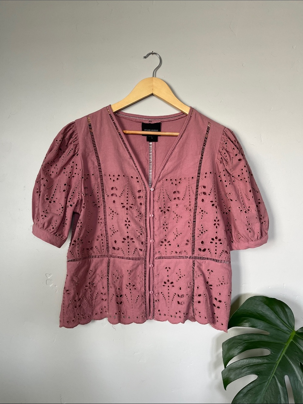 Liv Los Angeles | Dusty Rose Mauve Eyelet Button Front Puff Sleeve Blouse